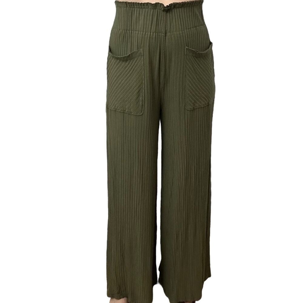 Free People Movement Wide Leg Pants High Rise Green Ribbed Size Extra Small